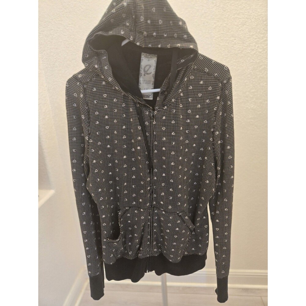 Q Womens 1X Zip Up Hoodie Sweatshirt Heart Micro Print Black White Y2K Pocket